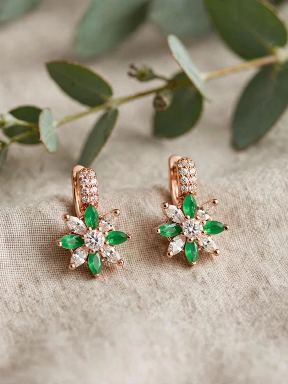 Rose Gold Floral Emerald & Clear Crystal Hoop Earrings